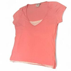 VTG Energie Pink V-Neck Top Attached Cami Junior Medium Y2K Sheer Soft Girl